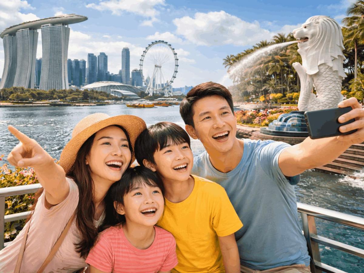 Một gia đình hạnh phúc chụp ảnh tự sướng bên bờ sông Singapore. Tượng Merlion phun nước gần đó, với Marina Bay Sands và Singapore Flyer ở phía xa.