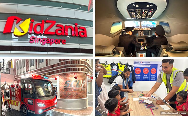 Bốn hình ảnh về KidZania Singapore: 1) Biển hiệu bên ngoài, 2) Trẻ em trong buồng lái mô phỏng, 3) Mô hình xe cứu hỏa mini, 4) Trẻ em học tập cùng hướng dẫn viên.