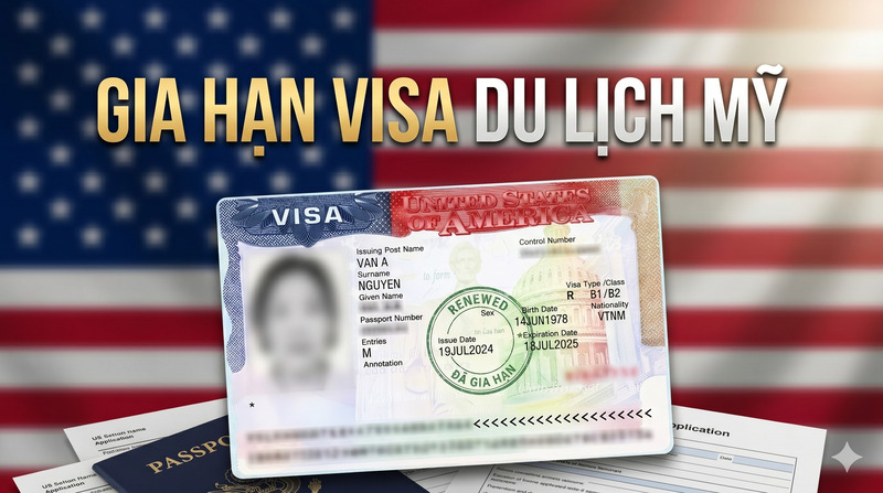 Chú thích ảnh: "Một visa Mỹ có ghi 'Đã gia hạn' trên nền cờ Mỹ mờ. Văn bản tiếng Việt dịch ra là 'Gia hạn visa du lịch Mỹ'. Các giấy tờ và hộ chiếu có thể nhìn thấy bên dưới."