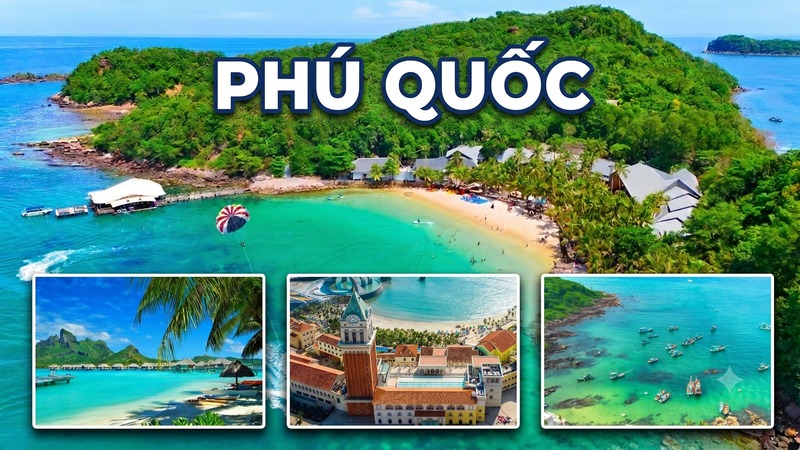 Ảnh chụp từ trên cao cho thấy làn nước màu ngọc lam rực rỡ và thảm thực vật xanh tươi của đảo Phú Quốc. Ảnh nhỏ kèm theo cho thấy những bãi biển cát trắng, khu nghỉ dưỡng và những chiếc thuyền đánh cá đầy màu sắc. Tông màu: yên bình và mời gọi.