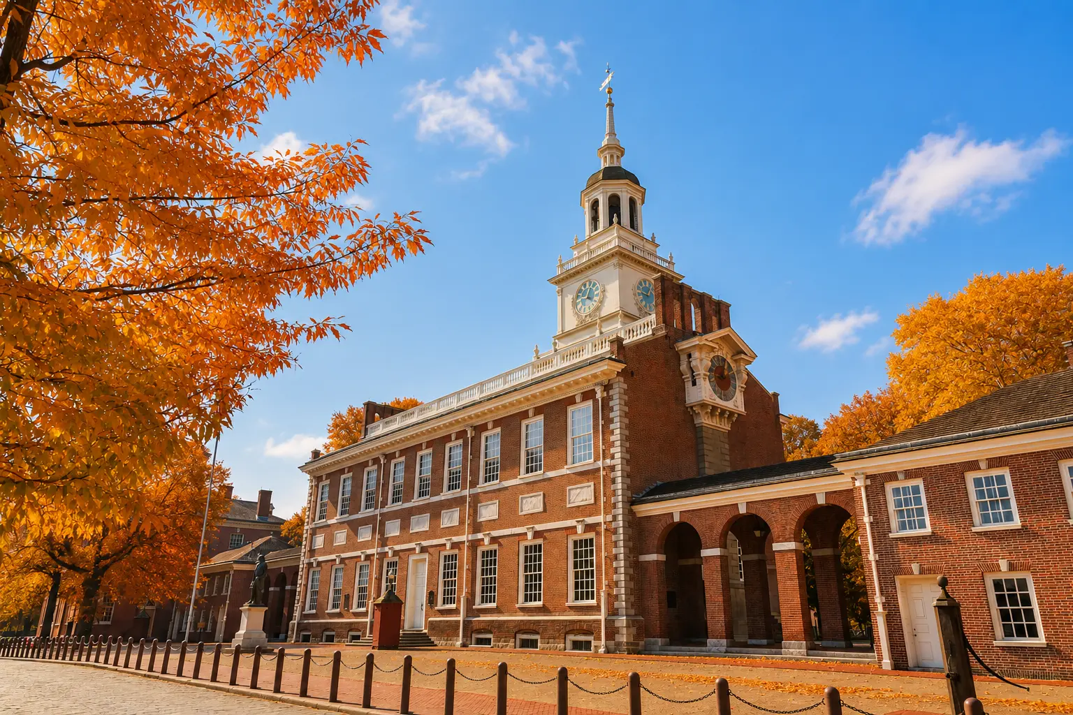 Independence Hall ở Philadelphia vào mùa thu với tháp đồng hồ, kiến trúc gạch đỏ và hàng cây lá vàng cam dưới bầu trời xanh.