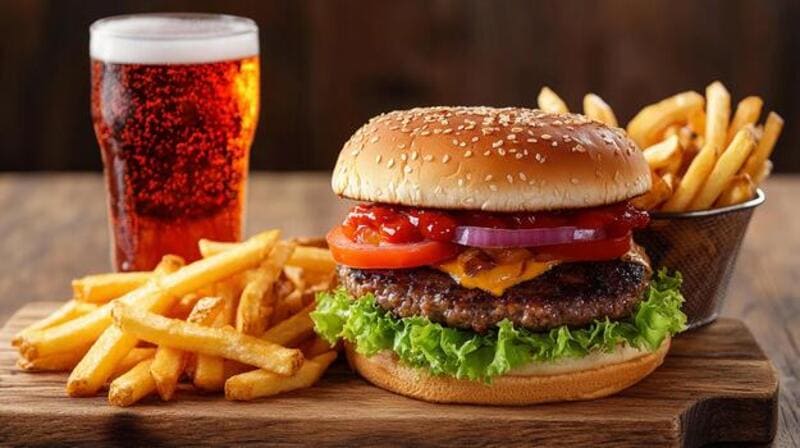 Bánh hamburger thịt bò kèm khoai tây chiên và ly nước có ga lạnh trên thớt gỗ