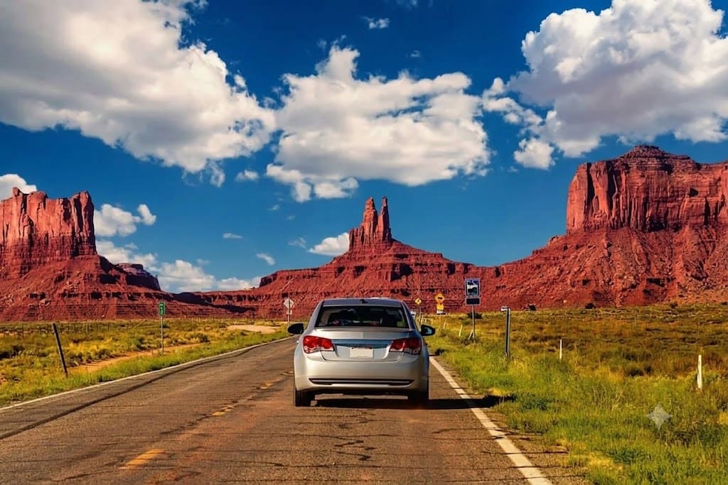 Ô tô màu bạc chạy trên đường nhựa hướng về dãy núi đá sa thạch đỏ Monument Valley dưới trời xanh mây trắng