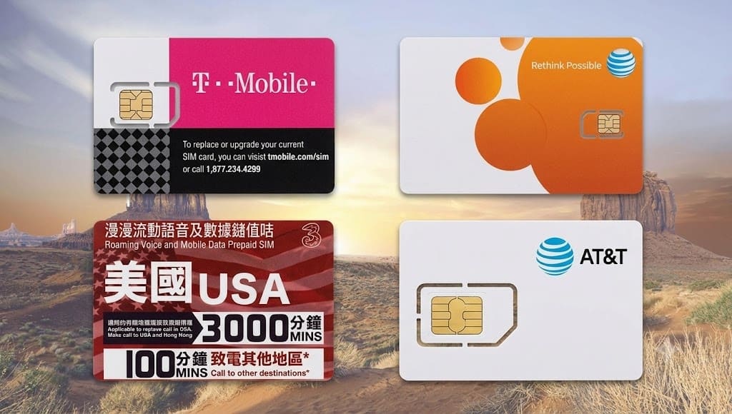 Bốn thẻ SIM điện thoại du lịch Mỹ của các nhà mạng T-Mobile, AT&T và Three