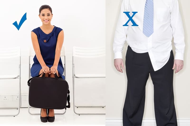 Trang phục phỏng vấn visa Mỹ: nữ mặc váy xanh lịch sự rất phù hợp, nam mặc sơ mi xộc xệch không phù hợp