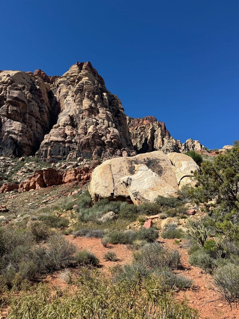 Dãy núi đá phân tầng màu đỏ và kem tại Red Rock Canyon dưới bầu trời xanh, phía dưới là tảng đá lớn và cây bụi sa mạc