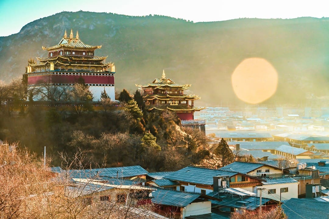 Chùa Tây Tạng mái dát vàng trên đồi rực rỡ dưới nắng vàng, phía dưới là quần thể mái nhà cổ trấn Shangrila