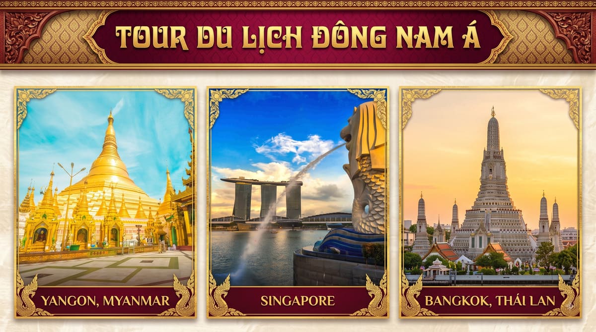 Banner tour du lịch Đông Nam Á gồm chùa Shwedagon ở Yangon, tượng Merlion tại Singapore và chùa Wat Arun ở Bangkok