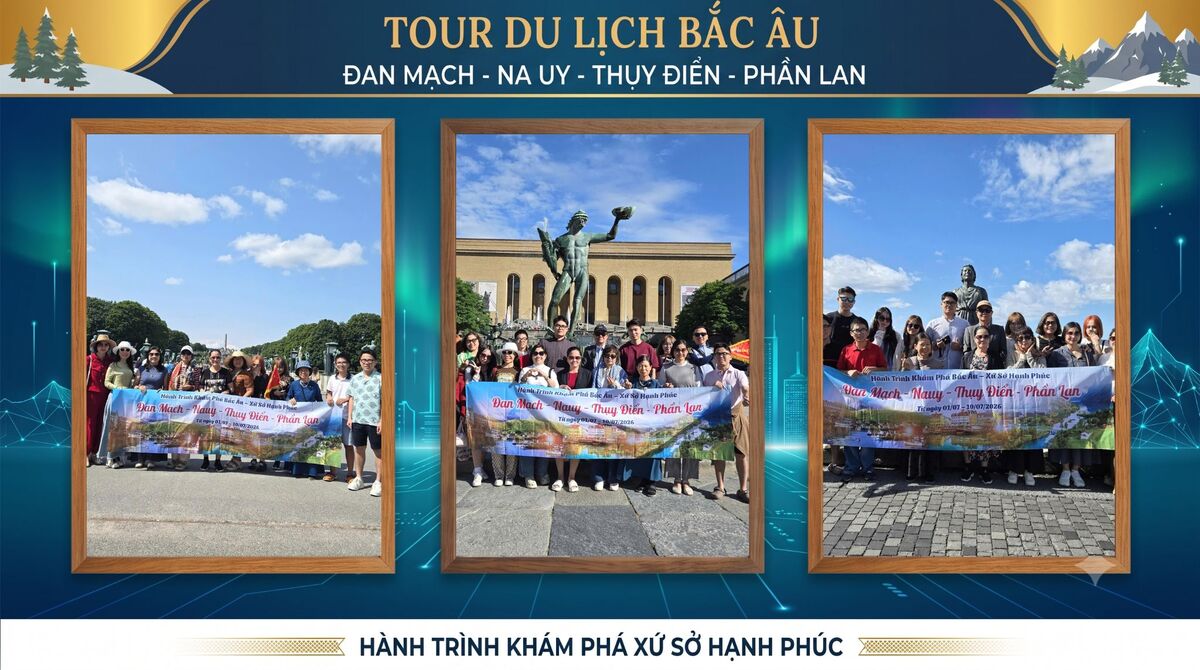 Đoàn khách du lịch giăng băng rôn tour Bắc Âu chụp ảnh kỷ niệm tại ba điểm tham quan ngoài trời