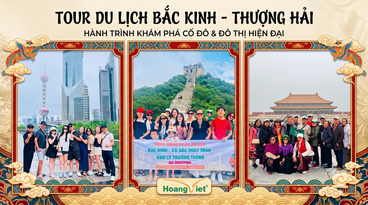 Đoàn khách du lịch chụp ảnh tại tháp Minh Châu Phương Đông Thượng Hải, Vạn Lý Trường Thành và Tử Cấm Thành