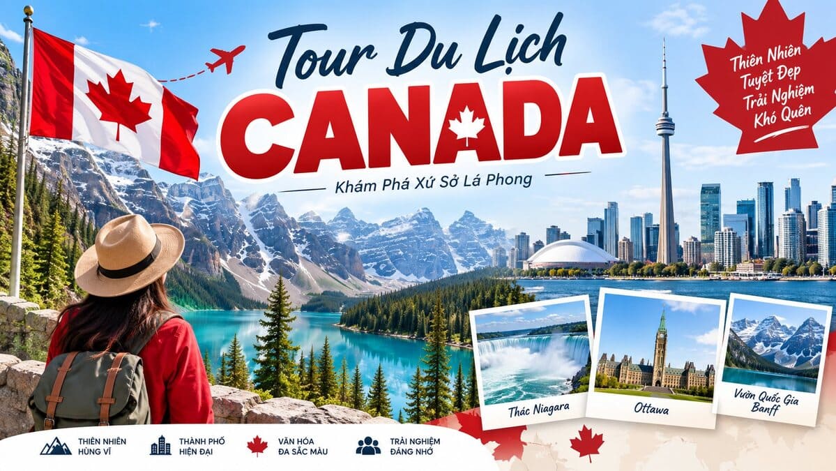 Du khách ngắm hồ Moraine, tháp CN Tower, cờ Canada cùng 3 ảnh nhỏ thác Niagara, Ottawa và Vườn quốc gia Banff