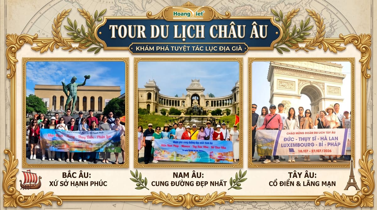 Ba đoàn du khách chụp ảnh kỷ niệm tại các danh thắng ở Bắc Âu, Nam Âu và trước Khải Hoàn Môn ở Tây Âu