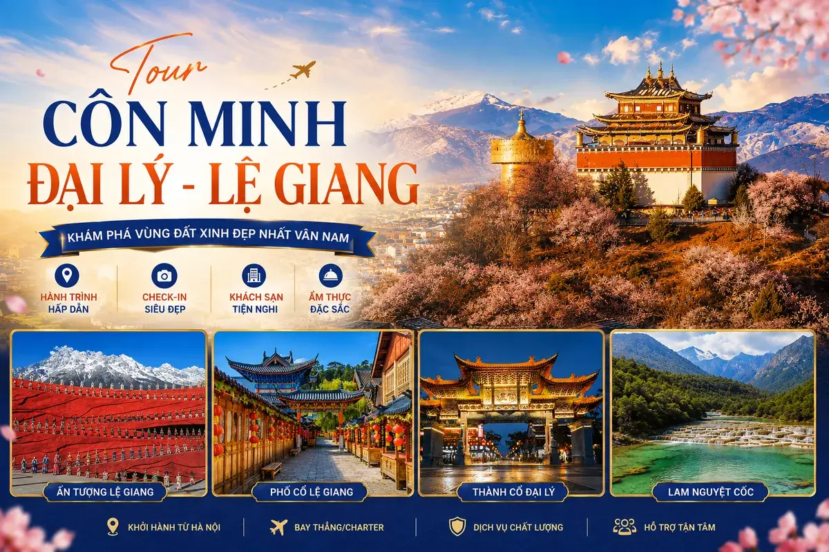 Banner tour Côn Minh, Đại Lý, Lệ Giang với đền cổ, hoa đào và 4 ảnh nhỏ: sân khấu đỏ, phố cổ, cổng thành, hồ nước xanh