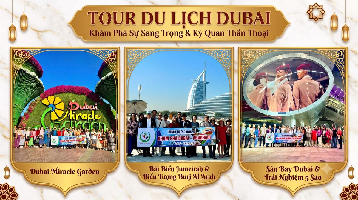 Đoàn khách du lịch tại vườn hoa Dubai Miracle Garden, bãi biển Jumeirah có Burj Al Arab và tại sân bay Dubai