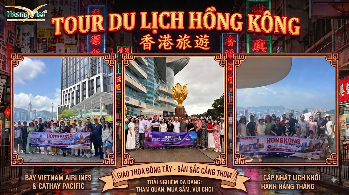 Các đoàn khách du lịch chụp ảnh kỷ niệm tại Quảng trường Tử Kinh Kim Bông và bến cảng Victoria ở Hồng Kông