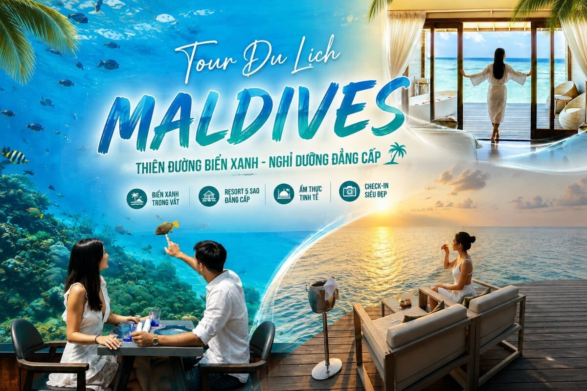 Các trải nghiệm tour Maldives: cặp đôi ăn tối dưới biển, ngắm cảnh từ resort trên mặt nước và thưởng rượu lúc hoàng hôn