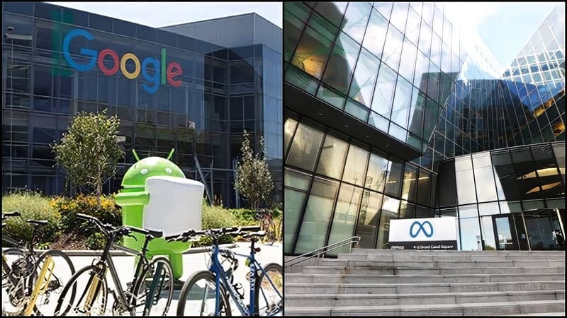 Trái: Khuôn viên của Google có bức tượng Android màu xanh lá cây và những chiếc xe đạp đậu. Phải: Tòa nhà kính hiện đại của Meta với logo công ty trên biển hiệu cạnh bậc thang.