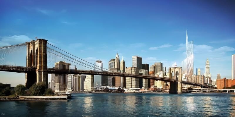 Cầu Brooklyn bắc ngang mặt nước tĩnh lặng, phía sau là đường chân trời thành phố New York. Bầu trời xanh trong vắt và những tòa nhà chọc trời hiện đại tạo nên một khung cảnh đô thị sống động.