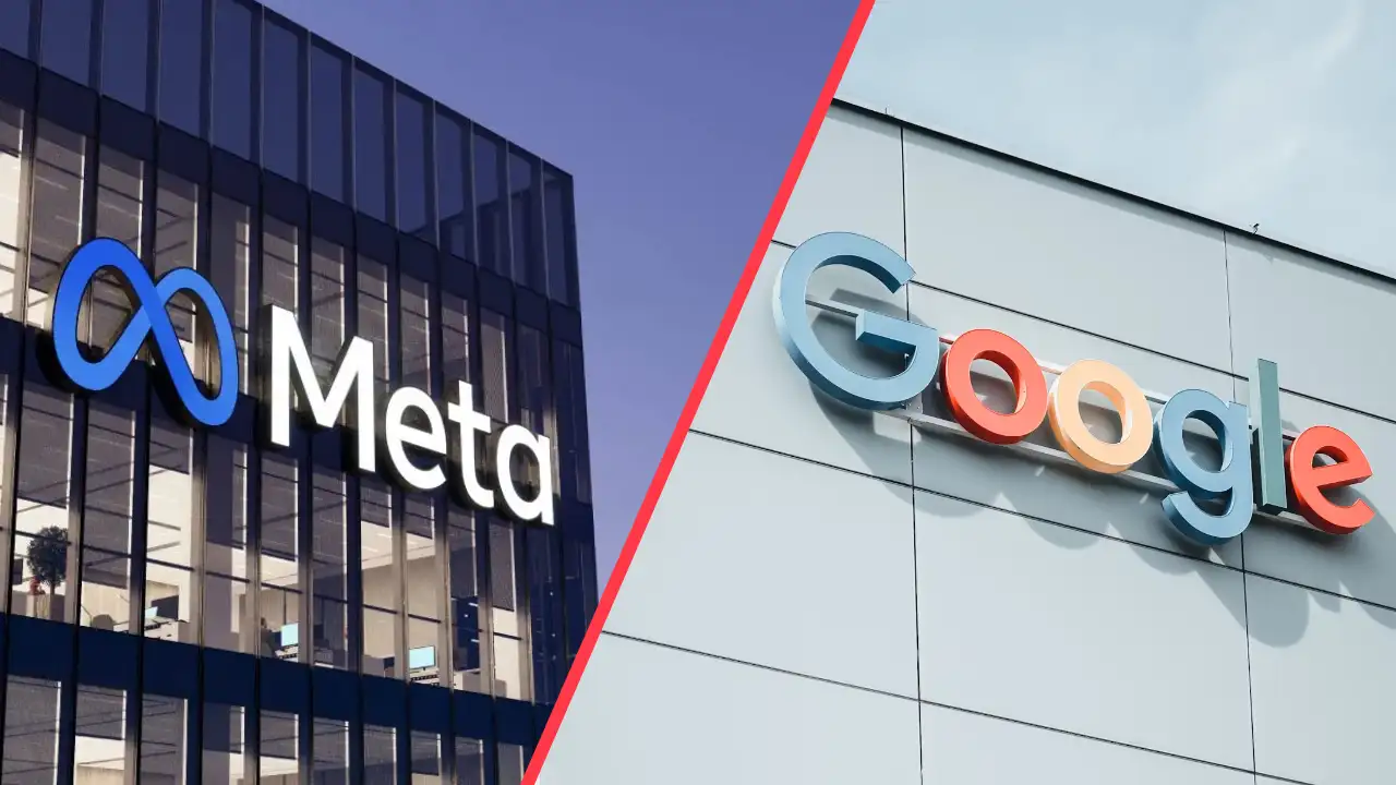 Hình ảnh được chia đôi, hiển thị logo của Meta và Google trên mặt tiền các tòa nhà bằng kính, tượng trưng cho sự cạnh tranh giữa các công ty. Meta có màu xanh lam, Google có chữ viết nhiều màu sắc.