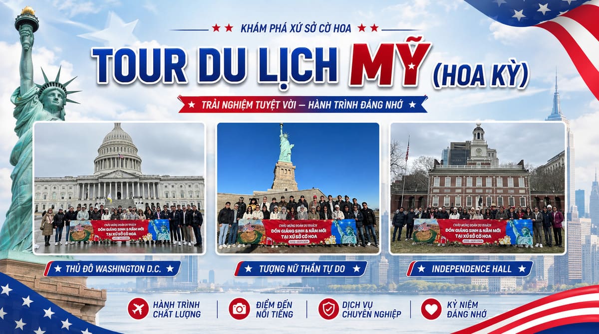Poster tour du lịch Mỹ với ba ảnh đoàn khách chụp tại Điện Capitol, Tượng Nữ thần Tự do và tòa nhà Independence Hall