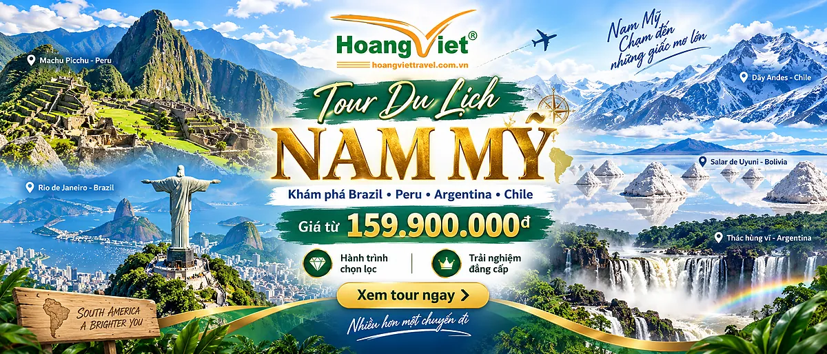 Banner tour Nam Mỹ: Machu Picchu, tượng Chúa Cứu Thế, dãy Andes, đồng muối Uyuni