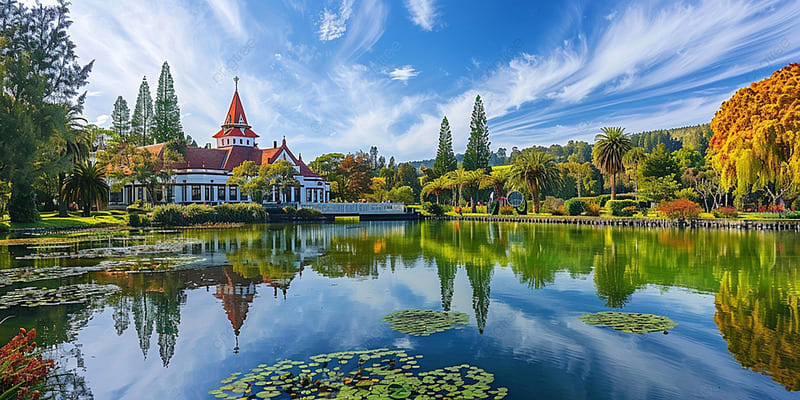 Tòa nhà Bảo tàng Rotorua mái đỏ soi bóng xuống mặt hồ xanh trong công viên Government Gardens