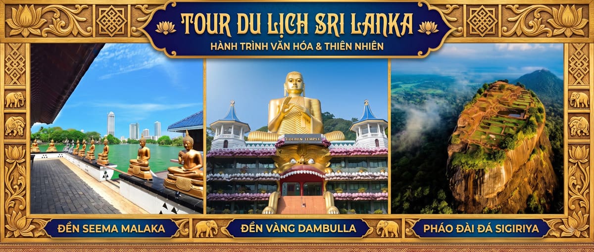 Danh thắng Sri Lanka: đền Seema Malaka trên hồ, tượng Phật lớn tại đền Dambulla và pháo đài đá Sigiriya nhìn từ trên cao