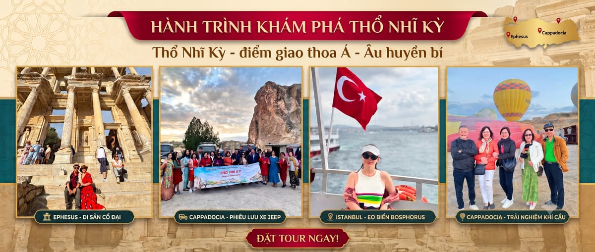 Hình ảnh quảng cáo cho một tour du lịch Thổ Nhĩ Kỳ. Hình ảnh bao gồm các bức ảnh về tàn tích Ephesus, một chuyến phiêu lưu bằng xe Jeep ở Cappadocia, một chuyến đi thuyền trên eo biển Bosphorus, và mọi người đang tận hưởng trải nghiệm bay khinh khí cầu. Biểu ngữ có dòng chữ "Khám phá Thổ Nhĩ Kỳ huyền bí" với nút kêu gọi hành động "Đặt ngay!". Gợi lên sự hào hứng và tinh thần khám phá.