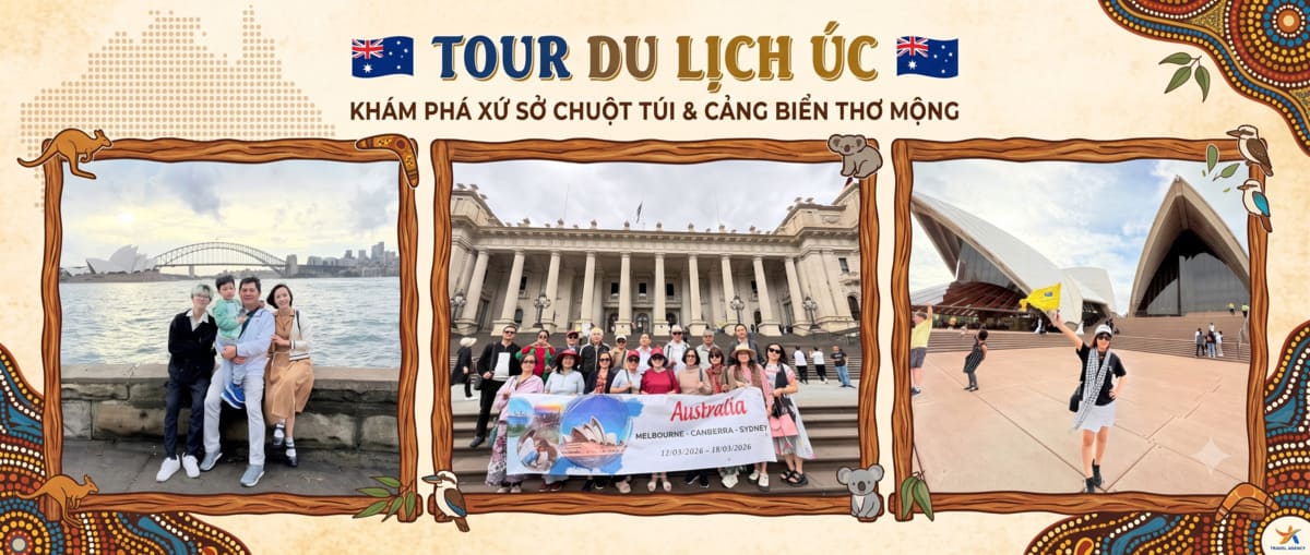 Banner tour Úc gồm 3 ảnh: gia đình bên Cảng Sydney, đoàn khách tại Melbourne và du khách vẫy cờ trước Nhà hát Opera Sydney