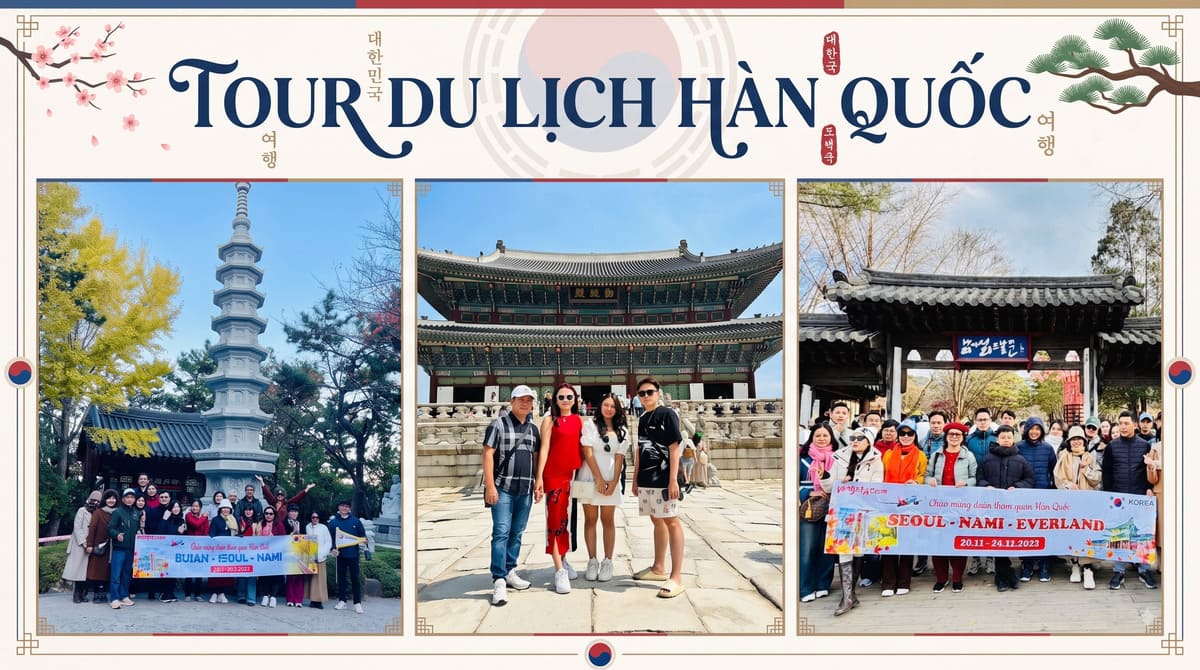 Khách du lịch chụp ảnh tại tháp đá cổ, cung điện Gyeongbokgung và cổng kiến trúc truyền thống ở Hàn Quốc