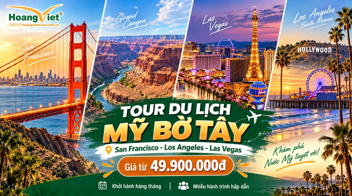Banner tour du lịch Mỹ bờ Tây với Cầu Cổng Vàng San Francisco, Hẻm núi Grand Canyon, Las Vegas và bờ biển Los Angeles