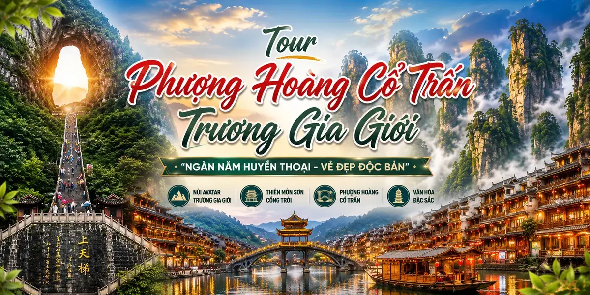 Cổng Trời Thiên Môn Sơn, cột núi đá Trương Gia Giới và dãy nhà cổ lên đèn ven sông tại Phượng Hoàng Cổ Trấn