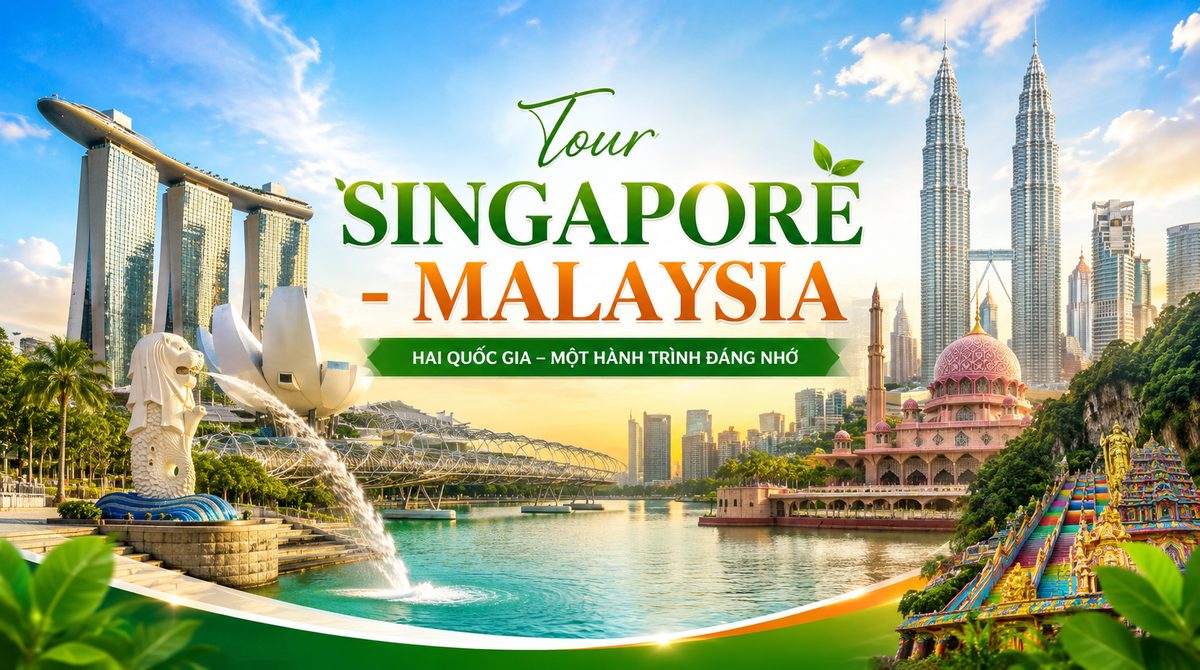Tượng Merlion, tòa Marina Bay Sands của Singapore bên cạnh tháp đôi Petronas, đền Putra và bậc thang động Batu ở Malaysia