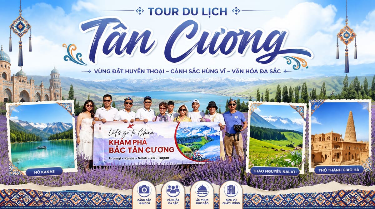 Banner tour Tân Cương với nhóm khách trên đồng oải hương và các ảnh nhỏ Hồ Kanas, thảo nguyên Nalati, thổ thành Giao Hà