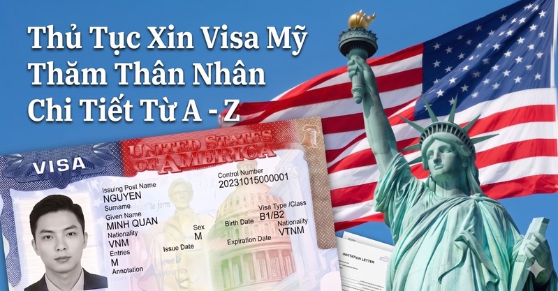 Tượng Nữ thần Tự do và quốc kỳ Mỹ làm nền cho một loại giấy tờ xin visa có ảnh của một người đàn ông. Văn bản tiếng Việt về thủ tục xin visa Mỹ được in chồng lên hình ảnh.