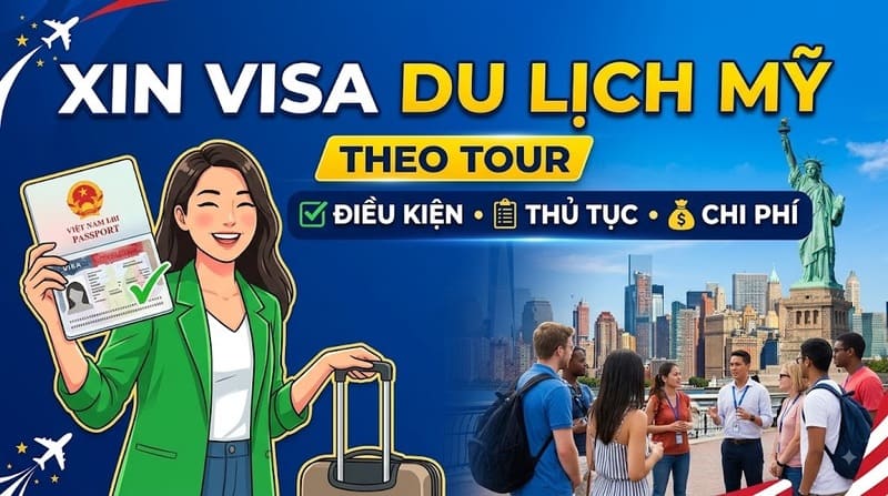 Minh họa cô gái cầm hộ chiếu Việt Nam dán visa Mỹ bên vali, phía sau là đoàn du khách và Tượng Nữ thần Tự do