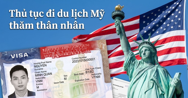Hình ảnh hiển thị thị thực Mỹ với văn bản tiếng Việt về việc thăm Mỹ, bên cạnh Tượng Nữ thần Tự do và quốc kỳ Mỹ. Giọng điệu mang tính thông tin.