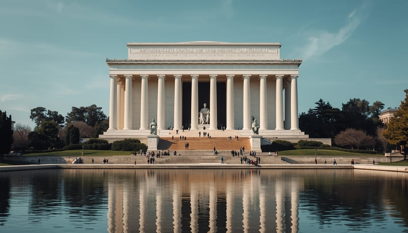 Hình ảnh cho thấy Đài tưởng niệm Lincoln với những cột trụ hùng vĩ và bức tượng Lincoln đang ngồi. Bầu trời xanh trong vắt và hồ nước phản chiếu tạo nên một bầu không khí thanh bình.
