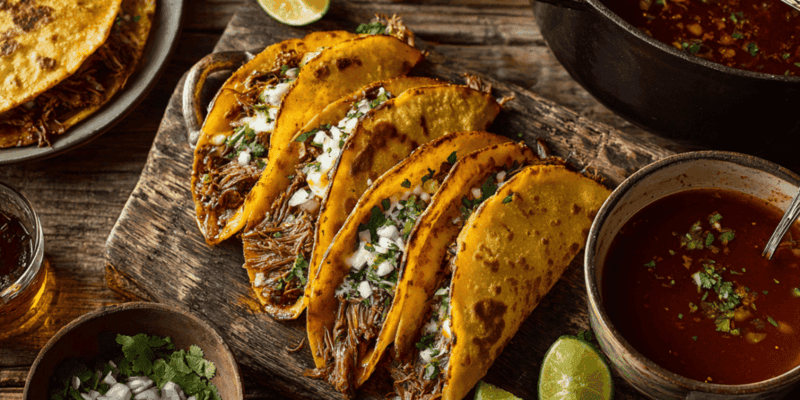 Năm chiếc bánh taco birria vàng giòn, nhân thịt xé sợi mọng nước, trang trí bằng hành tây và rau mùi, được đặt trên một chiếc thớt gỗ mộc mạc. Gần đó, những bát nước dùng đậm đà, hành tây thái nhỏ và những lát chanh tạo nên một khung cảnh hấp dẫn.