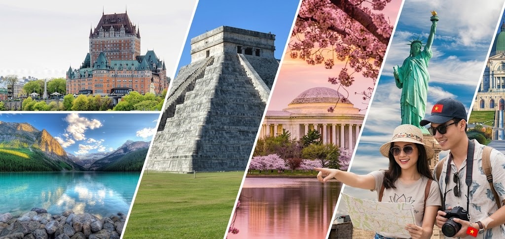 Ảnh ghép các địa danh nổi tiếng: Lâu đài Frontenac, Kim tự tháp Chichen Itza, hoa anh đào gần mái vòm, Tượng Nữ thần Tự do và một cặp đôi tươi cười với tấm bản đồ khì tham gia tour du lịch Châu Mỹ.