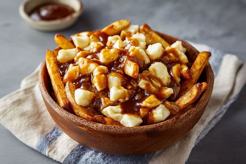 Một chiếc bát gỗ đựng đầy món poutine, với khoai tây chiên vàng giòn, phô mai tan chảy và nước sốt nâu đậm đà. Món ăn được bày trên một tấm khăn trải bàn kẻ sọc, phía sau là một bát đựng nước chấm, tạo nên cảm giác ấm cúng và thịnh soạn.