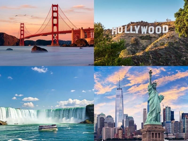 Bốn địa danh mang tính biểu tượng: Cầu Cổng Vàng lúc hoàng hôn, Biểu tượng Hollywood trên đỉnh đồi, Thác Niagara trong sương mù và Tượng Nữ thần Tự do trước nền trời thành phố.
