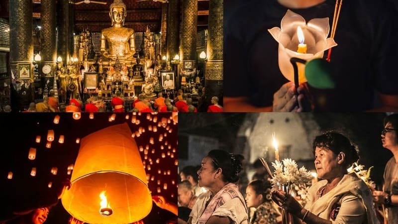 Chú thích ảnh: "Một bức tranh ghép các cảnh văn hóa Phật giáo. Trên cùng bên trái: Các nhà sư mặc áo choàng đỏ ngồi trước một bức tượng Phật vàng lớn. Trên cùng bên phải: Đôi tay cầm một bông hoa giấy có nến. Dưới cùng bên trái: Những chiếc đèn lồng được thắp sáng bay lơ lửng trên nền trời tối. Dưới cùng bên phải: Mọi người cầm hoa và nến, tham gia vào một cuộc rước kiệu đêm. Không khí thanh tịnh và trang nghiêm."