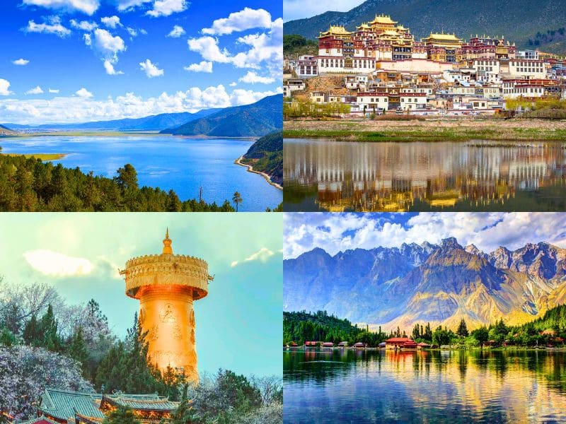 Bốn khung cảnh thiên nhiên tuyệt đẹp: một hồ nước thanh bình với những ngọn núi dưới bầu trời trong xanh, một tu viện rực rỡ bên bờ nước, một bánh xe cầu nguyện bằng vàng giữa những tán cây, và những ngọn núi hùng vĩ phía trên một hồ nước tĩnh lặng.