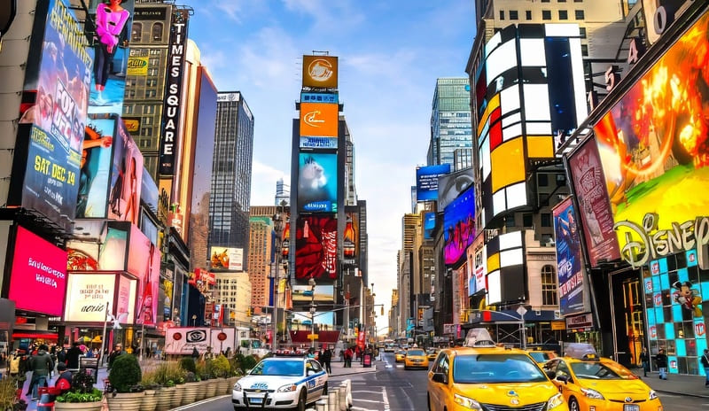 Quảng trường Times Square nhộn nhịp với những biển quảng cáo rực rỡ, những tấm áp phích đầy màu sắc, những chiếc taxi màu vàng và đám đông người qua lại. Bầu không khí sống động và tràn đầy năng lượng.