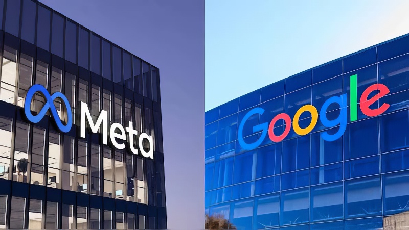 Hình ảnh ghép đôi các tòa nhà công ty, trong đó logo Meta ở bên trái màu xanh lam và trắng, còn logo Google ở bên phải với màu sắc rực rỡ.
