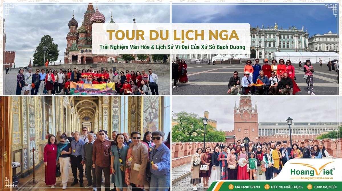Một bức ảnh ghép quảng bá cho tour du lịch Nga, với hình ảnh các nhóm người tại những địa điểm nổi tiếng như Nhà thờ Thánh Basil và nội thất được trang trí lộng lẫy, truyền tải sự hào hứng và khám phá văn hóa.