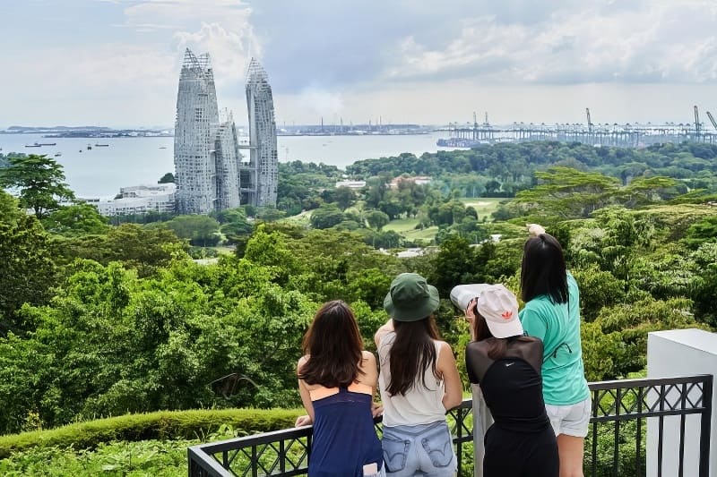 Bốn người phụ nữ đứng trên ban công, nhìn xuống khung cảnh cây xanh tươi tốt và những tòa nhà hiện đại gần một vùng nước dưới bầu trời nhiều mây, toát lên vẻ kinh ngạc.