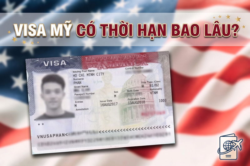 Hình ảnh một tấm visa Mỹ trên nền cờ Mỹ. Dòng chữ tiếng Việt phía trên ghi "VISA MỸ CÓ THỜI HẠN BAO LÂU?" nghĩa là "Visa Mỹ có thời hạn bao lâu?". Giọng văn mang tính thông tin.