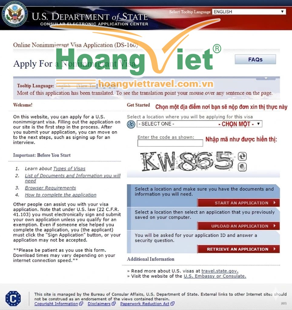Trang web xin visa của Bộ Ngoại giao Hoa Kỳ với hướng dẫn, mã captcha "KW865" và các tùy chọn để bắt đầu, tải lên hoặc truy xuất đơn xin visa.